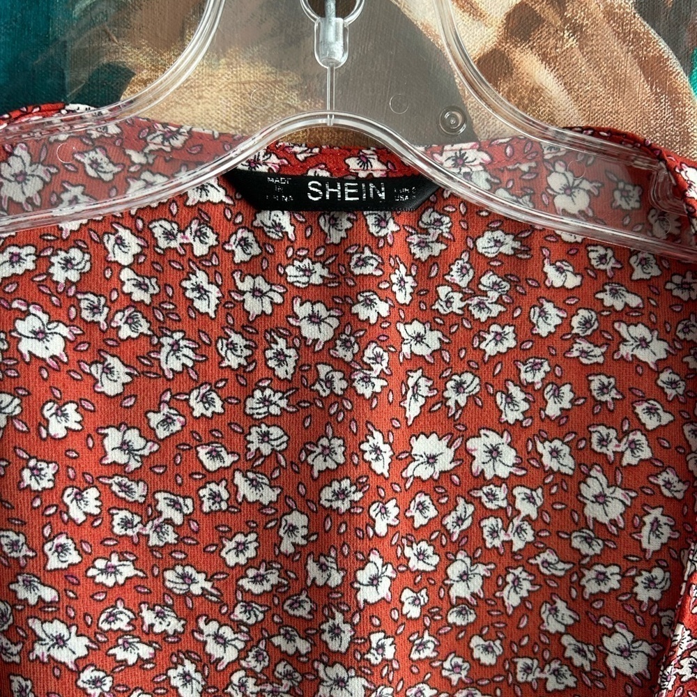 SHEIN Red Floral Tie Front Peplum Blouse Women’s Boho Cottagecore Crop Top - Picture 5 of 15